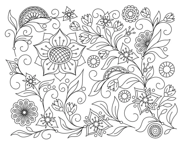 Boho tarzında el çizimi desenli soyut çiçek arkaplanı. Yetişkin boyası anti-stres kitabı için ayrılmış bir sayfa. Duvarı, tabakları, porselenleri, kumaşı süslemek için. Contour monokrom deseni. eps 1