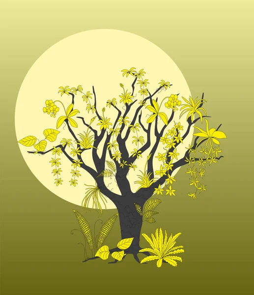 有热带附生植物 月亮的黑色树型轮廓 漫画矢量插图的书籍 家庭艺术 装饰墙壁 横幅背景和维兹卡的设计 第1股 — 图库矢量图片