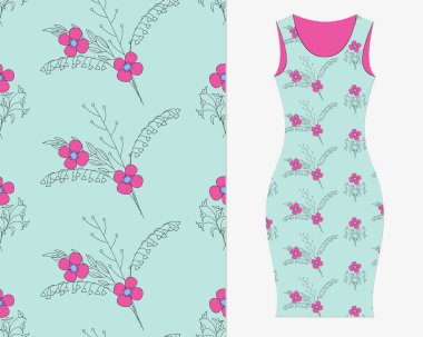 Kusursuz romantik desenli, elle çizilmiş karalama çiçekleri ve izole edilmiş taklit elbiseler. Paket kağıdı, paketleme hediyesi, kumaş kadın kıyafetleri için çiçek desenli. 10 saniye..