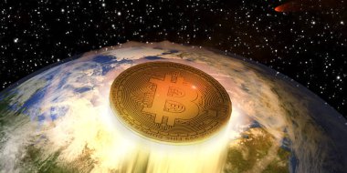 Dünya'dan mekiği kapalı püskürtme Bitcoin 3d Illustration. Görüntü patlayıcı büyüme ve cryptocurrency değeri ile çok kısa bir süre içinde ilgili.