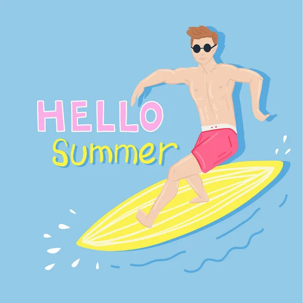 Cartel de playa de verano con surfista en tabla de surf atrapando olas . — Vector de stock