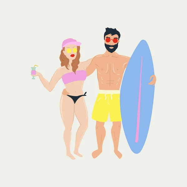 Poster sulla spiaggia estiva con surfista ragazzo e ragazza . — Vettoriale Stock