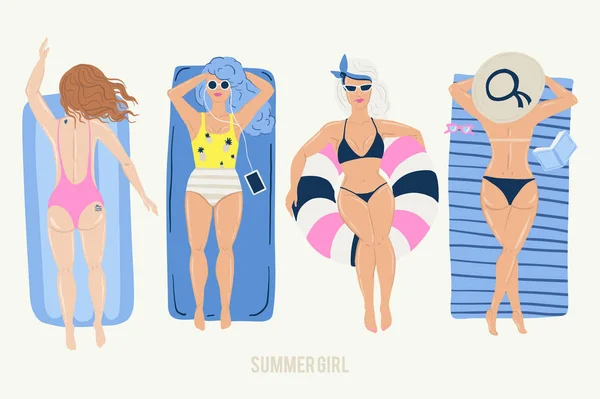Poster estivo sulla spiaggia con le ragazze. Vacanze al mare . — Vettoriale Stock