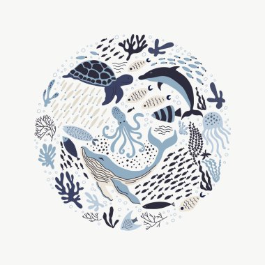 Elle çizilmiş deniz yaşam öğelerle ayarla.