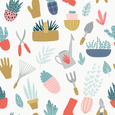 Bahçecilik aletleri ayarlayın. Bahar zamanı. Mutlu Bahçe Tasarım.