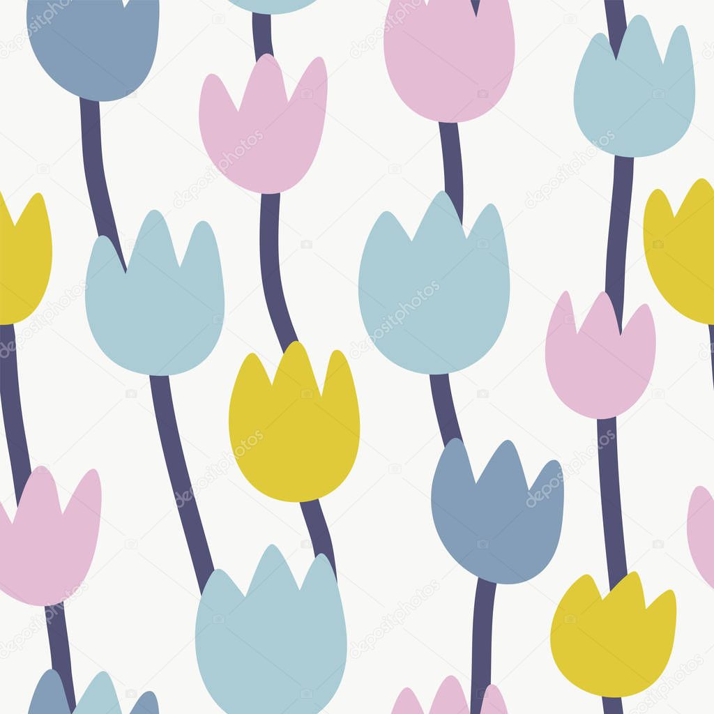 Seamless pattern with modern floral and abstract elements in fresh pastel colors. 