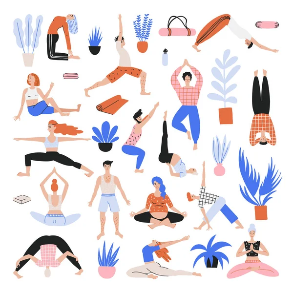 Cute illustration of people doing exercise. — стоковый вектор