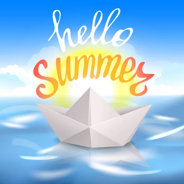 Hello Summer Lettering Рефрижераторный Бумажный Корабль Воде Бумажная Лодка Оригами — стоковое фото