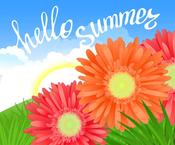 Hallo Sommerbriefe Und Realistische Gerbera Blumen Sommerliche Hintergrundgestaltung Für Ihr — Stockfoto