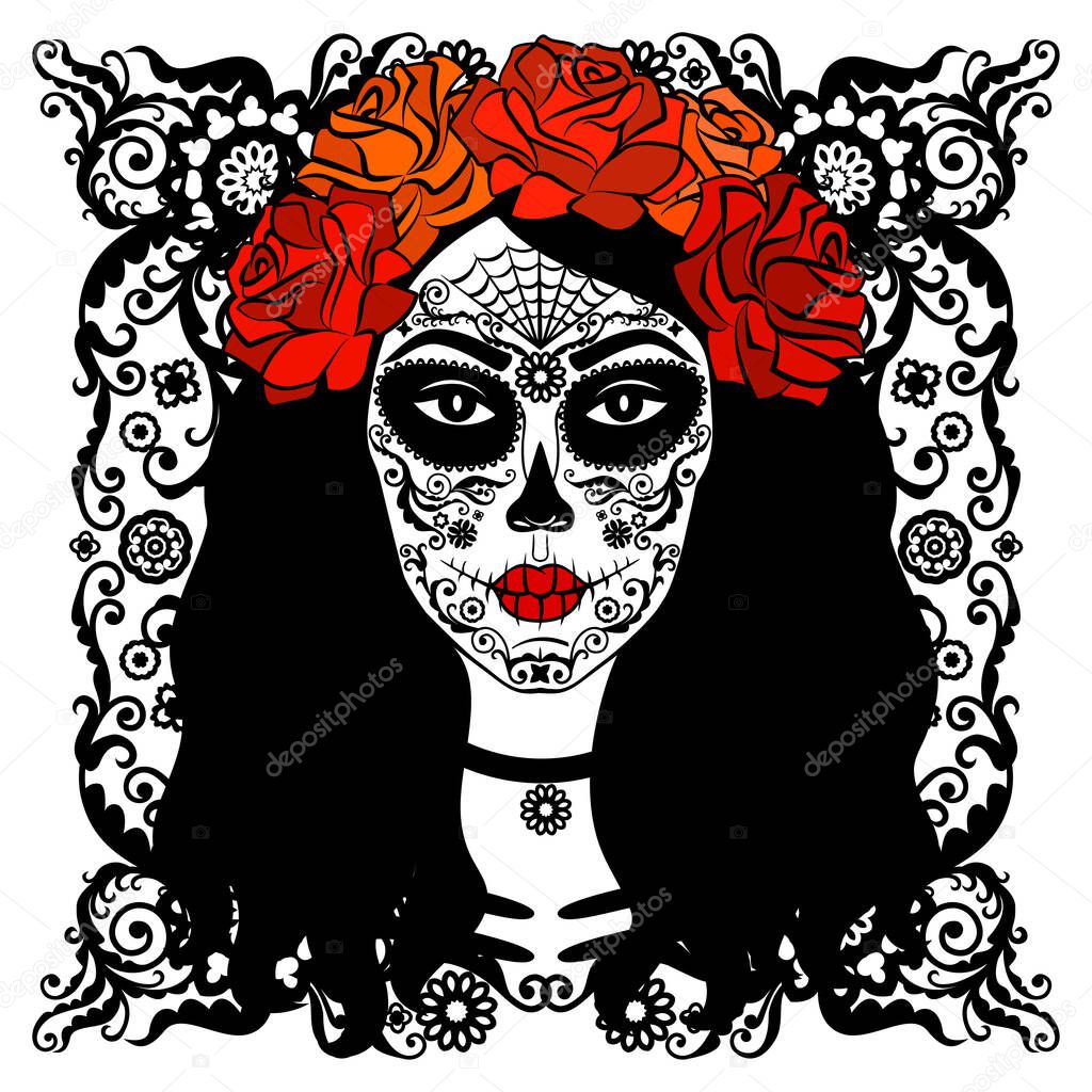 Sugar Skull Girl. Day Of Dead, Traditional Mexican Halloween, Dia De Los Muertos. Woman with makeup sugar skull with roses flowers wreath. Vector illustration.