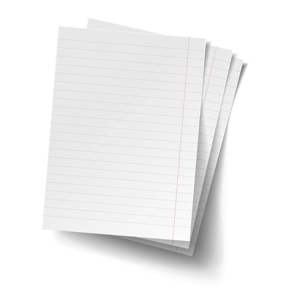 White sheets of lined paper. Mock up of white note papers. Realistic vector illustration.
