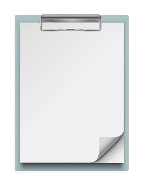 Realistic clipboard with a few blank white sheets of paper. Template or mock up for text and design. Empty paper notes, top view. Vector illustration.