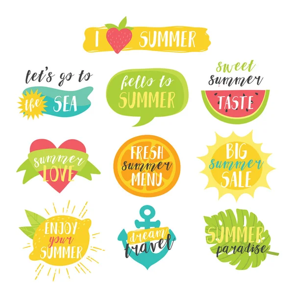 Niedliche helle bunte Sommer-Vektor-Set mit Sonne, Wassermelone, Orange, Zitrone, Meer, Herz, Anker und tropischem Blatt. — Stockvektor