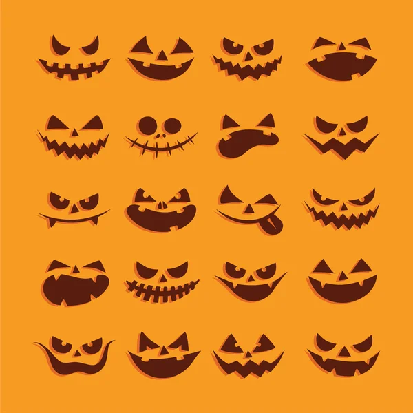 Vector Halloween Funny Scary Face Icon Set Pumpkin Dark Silhouette — Stock Vector