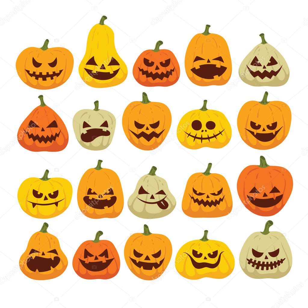 Vector colorful halloween set of funny and scary pumpkins. Pumpkin dark silhouette. Flat design symbol collection. Simple graphic pictogram pack. Web, banner, card, business logo concept.