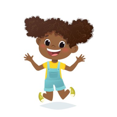 Vector Afro-Amerikalı kız atlayıp gülüyor. Çizgi film komik karakter tasarımı, beyaz arkaplanda izole.