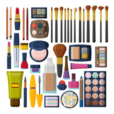 Dekoratif kozmetik yüz, dudaklar, deri, göz, çivi, kaşları ve beautycase. Arka plan yapmak. Düz simgeler koleksiyonu