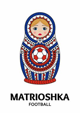Beyaz arka plan üzerinde izole Matrioshka veya iç içe bebek. Matroska Rusya'nın ulusal renklerde boyanır ve süs futbol desenli vardır
