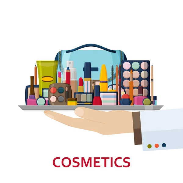 Cosmética decorativa para cara, labios, piel, ojos, uñas, cejas y estuche de belleza. Prepara el fondo. Colección de iconos planos — Vector de stock