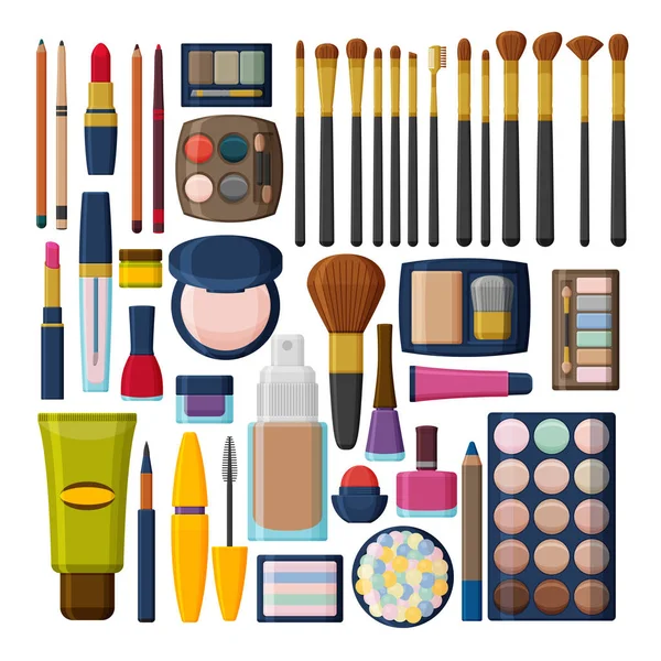 Cosmética decorativa para cara, labios, piel, ojos, uñas, cejas y estuche de belleza. Prepara el fondo. Colección de iconos planos — Vector de stock