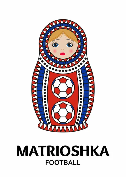 白い背景に分離されたマトリョーシカまたは入れ子人形。Matroska はロシアの国旗の色で描かれている、サッカー パターンで飾り — ストックベクタ