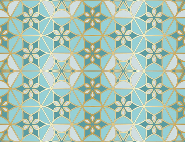 Modèle sans couture arabe. Mosquée islamique traditionnelle fenêtre avec grille en mosaïque dorée — Image vectorielle