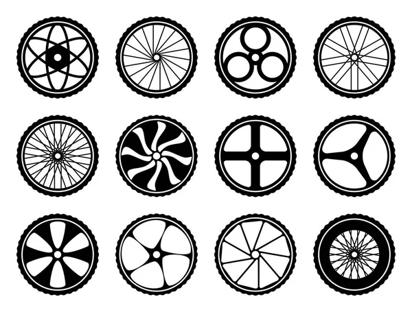 Ruedas de bicicleta con neumáticos y radios. componente de iconos de bicicleta — Vector de stock