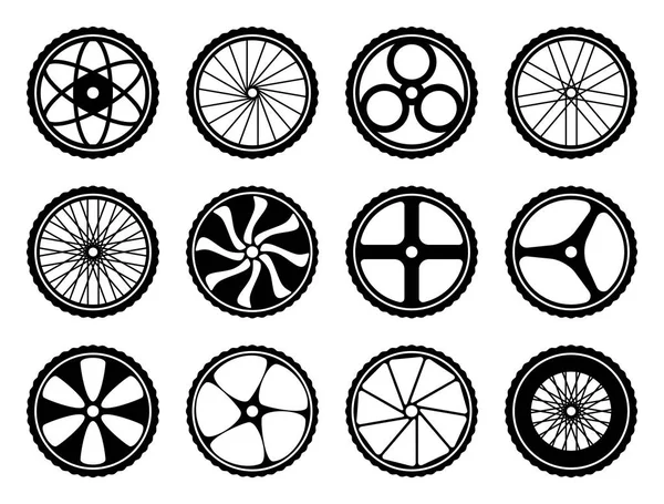 Kerékpár kerekek, abroncsok és a küllők beállítása Kerékpár ikonok alkatrész — Stock Vector
