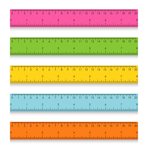 Set of multicolored school measuring rulers with centimeters and inches
