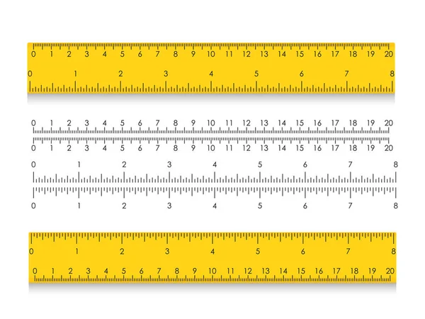 Régua de medição da escola com centímetros e polegadas. Indicadores de tamanho com diferentes distâncias unitárias — Vetor de Stock