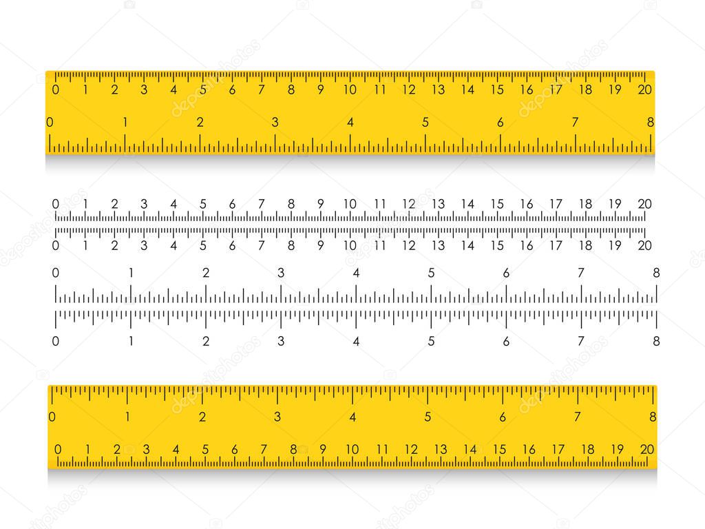 School measuring ruler with centimeters and inches. Size indicators with different unit distances