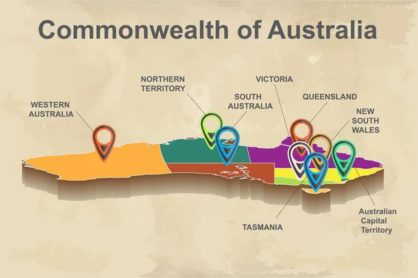 Abstrakcja 3d Mapa Australii z wewnętrznych granic regionalnych, szpilki na tło wektor — Wektor stockowy