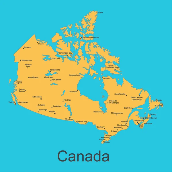 Mavi arka planda şehirleri olan Kanada haritası, vektör illüstrasyonu — Stok Vektör