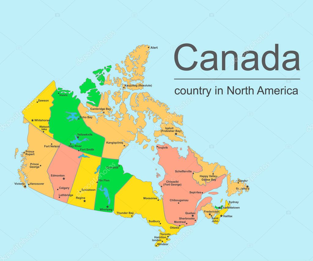 Mapa do Canadá com províncias e cidades, ilustração ...