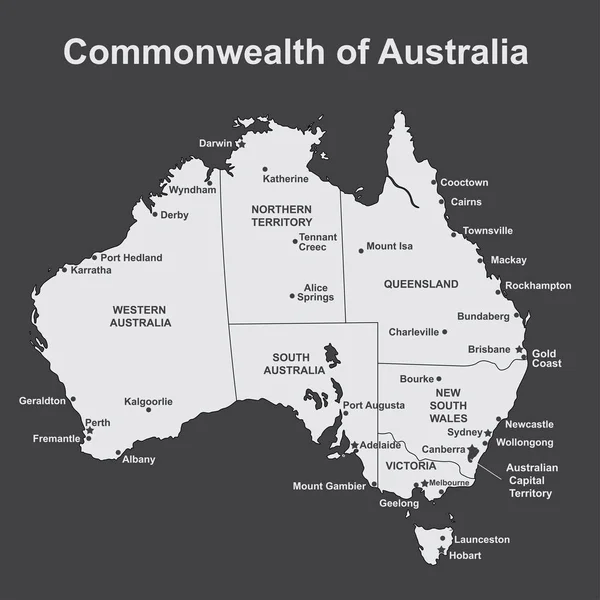 带有主要城镇和城市的澳大利亚地图，矢量图解 — 图库矢量图片
