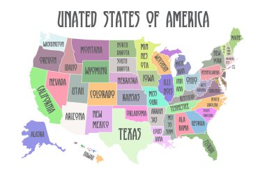 Colored Poster map of United States of America with state names. clipart