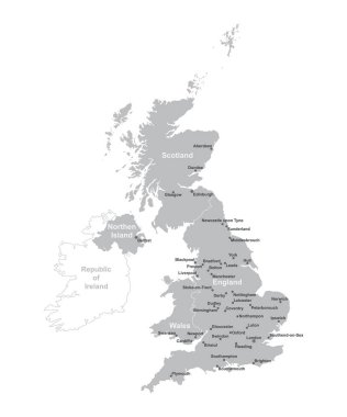 UNITED KINGDOM MAP with big cities, UK MAP with borders on grey background clipart