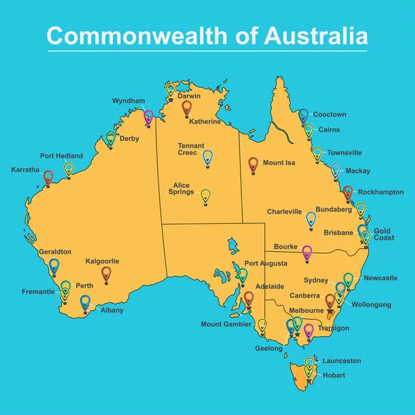 Mapa Australii z głównymi miastami, ilustracja wektora — Wektor stockowy