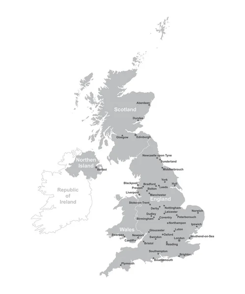 MAPA DEL REINO UNIDO con grandes ciudades, MAPA DEL RU con bordes sobre fondo gris — Vector de stock