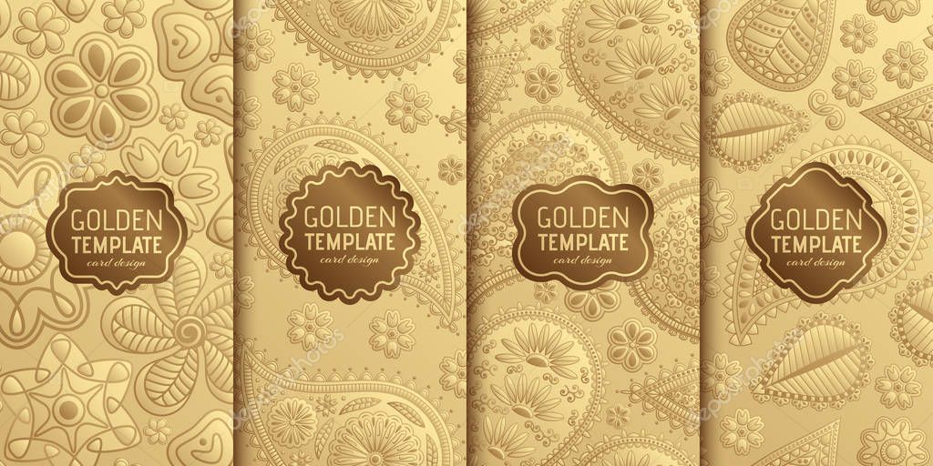 Set of golden luxury templates. Abstract geometric background with paisley and flowers. Vector illustration.