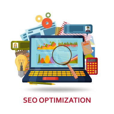 SEO içerik optimizasyonu arka plan. Infographic öğeleri ve soyut içeriği ile dizüstü bilgisayar