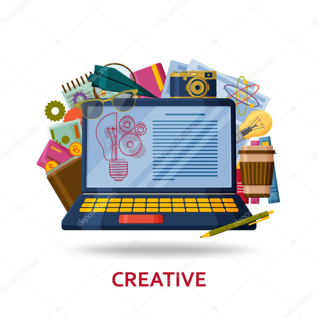 Creation of creative content for the web site. Background with laptop with infographic elements and abstract contents