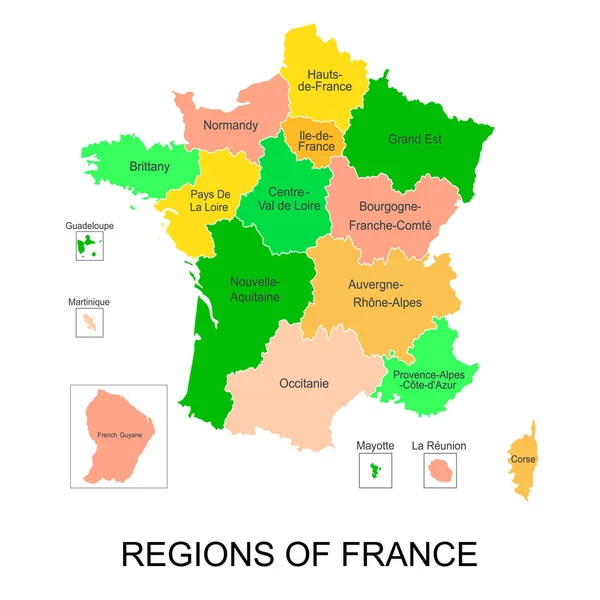 Mapa interactivo de las regiones metropolitanas francesas con 5 regiones de ultramar — Archivo Imágenes Vectoriales