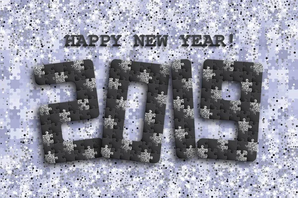 2019 puzzel achtergrond met vele zilveren glitter en zwarte stukken. Gelukkig Nieuwjaar kaart ontwerp. Sjabloon voor abstract mozaïek — Stockvector