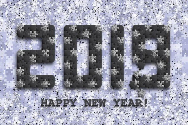 2019 puzzel achtergrond met vele zilveren glitter en zwarte stukken. Gelukkig Nieuwjaar kaart ontwerp. Sjabloon voor abstract mozaïek — Stockvector