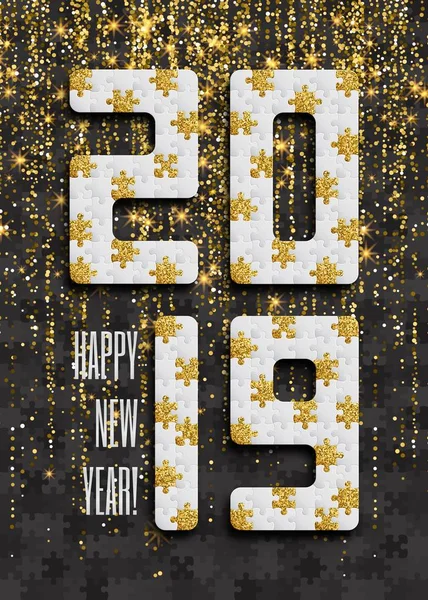 2019 puzzel achtergrond met vele gouden glitter en zwarte stukken. Gelukkig Nieuwjaar kaart ontwerp. Sjabloon voor abstract mozaïek — Stockvector