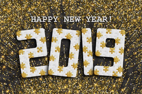 2019 φόντο παζλ με πολλά χρυσά glitter και τα μαύρα κομμάτια. Ευτυχισμένο το νέο έτος σχεδιασμού κάρτα. Το πρότυπο αφηρημένη μωσαϊκό — Διανυσματικό Αρχείο