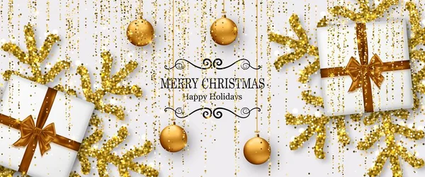 Merry Christmas background with shiny snowflakes, golden balls, gift boxes and gold colored tinsel and streamer. Greeting card and Xmas template — Stock Vector