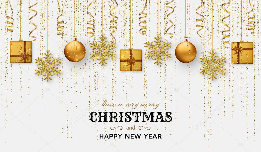 Merry Christmas background with shiny snowflakes, golden balls, gift boxes and gold colored tinsel and streamer. Greeting card and Xmas template