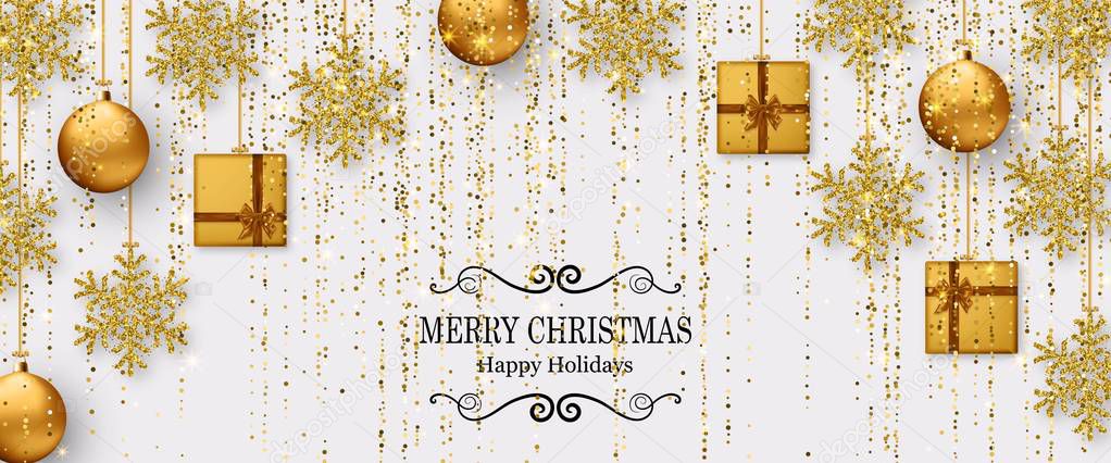 Merry Christmas background with shiny snowflakes, golden balls, gift boxes and gold colored tinsel and streamer. Greeting card and Xmas template